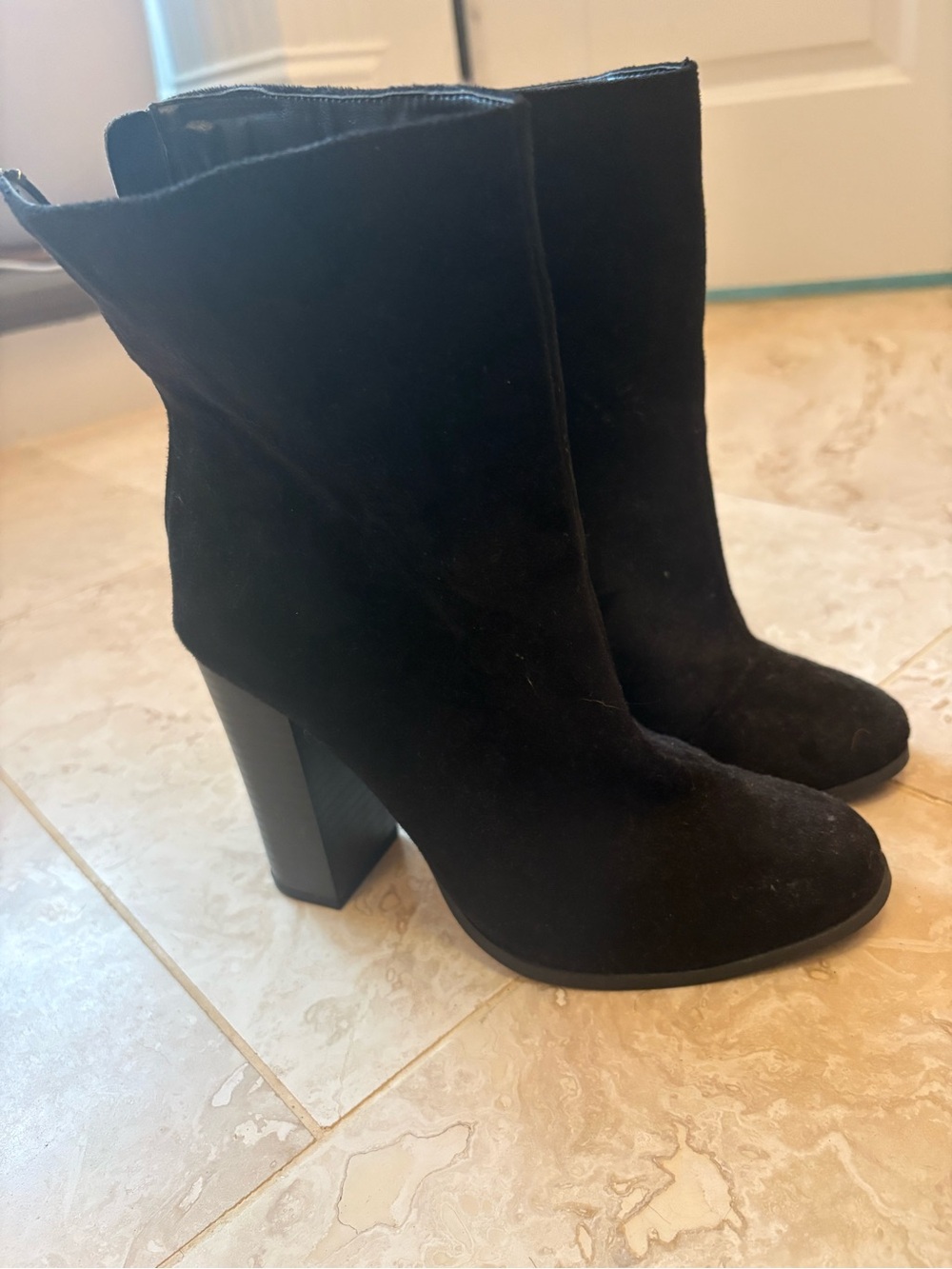 Women's Black Suede Block Heel Ankle Booties
